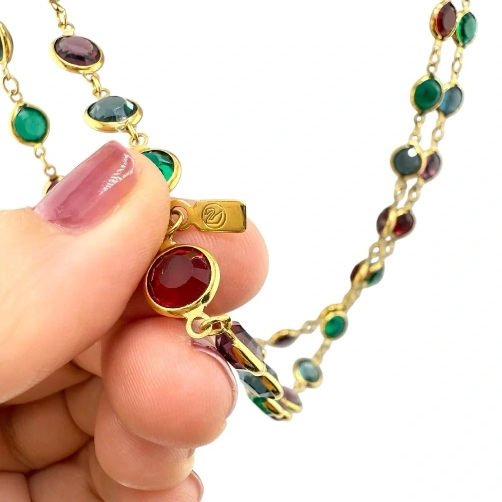 VTG Swarovski Gold Bezel Set Necklace with Red, Green, Blue and Purple Crystals